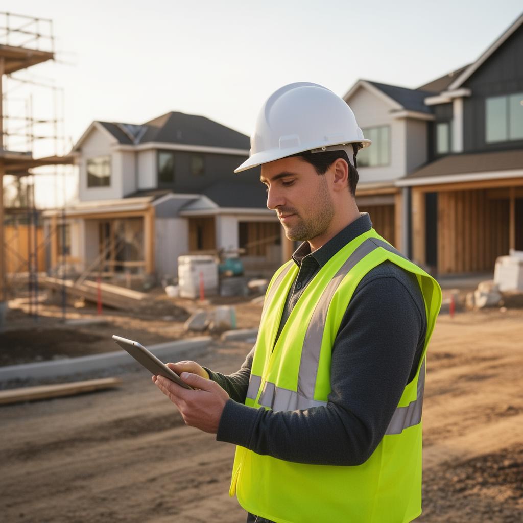 Contractor in yellow safety vest using Planline on a tablet at a residential jobsite